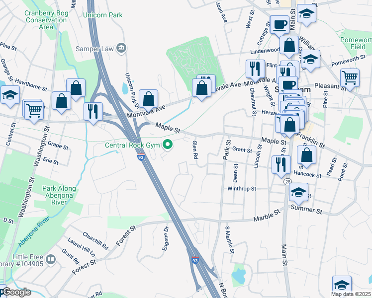map of restaurants, bars, coffee shops, grocery stores, and more near 74 Maple Street in Stoneham