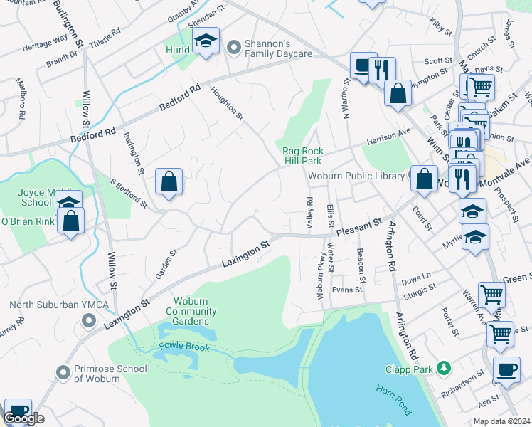 map of restaurants, bars, coffee shops, grocery stores, and more near 7 Foley Road in Woburn