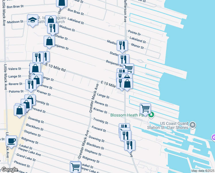 map of restaurants, bars, coffee shops, grocery stores, and more near 22301 East 10 Mile Road in St. Clair Shores