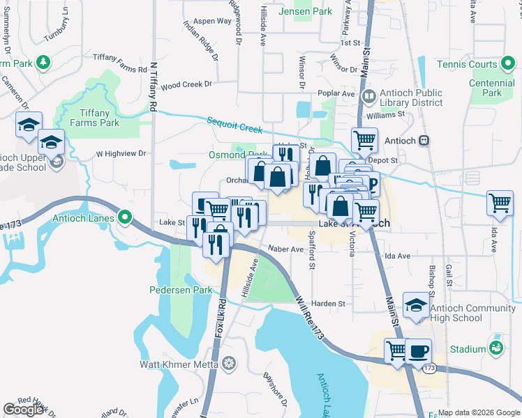 map of restaurants, bars, coffee shops, grocery stores, and more near 888 Hillside Avenue in Antioch