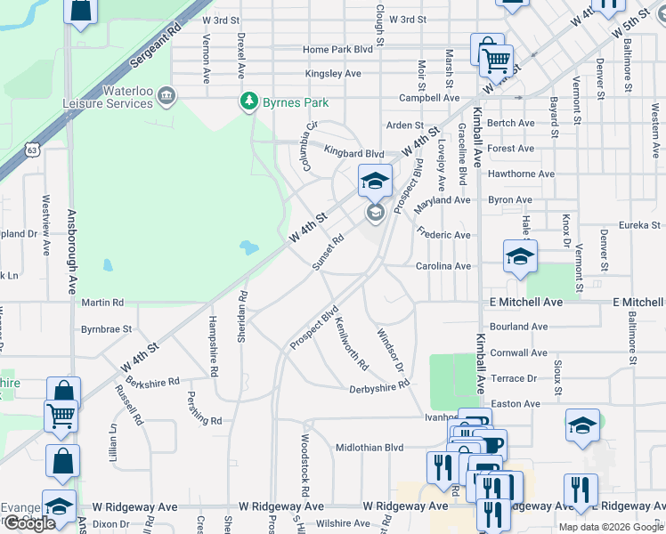 map of restaurants, bars, coffee shops, grocery stores, and more near 401 Sunset Road in Waterloo