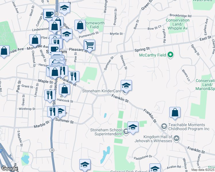 map of restaurants, bars, coffee shops, grocery stores, and more near 76 Pleasant Street in Stoneham