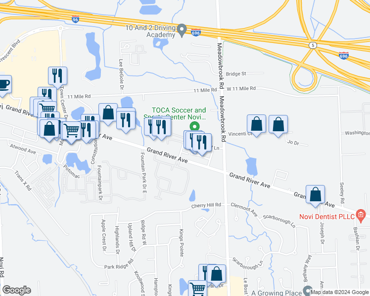 map of restaurants, bars, coffee shops, grocery stores, and more near 25562 Portico Lane in Novi