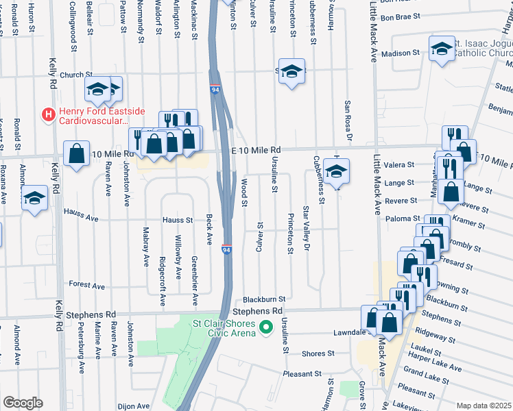 map of restaurants, bars, coffee shops, grocery stores, and more near 24821 Ursuline Street in St. Clair Shores