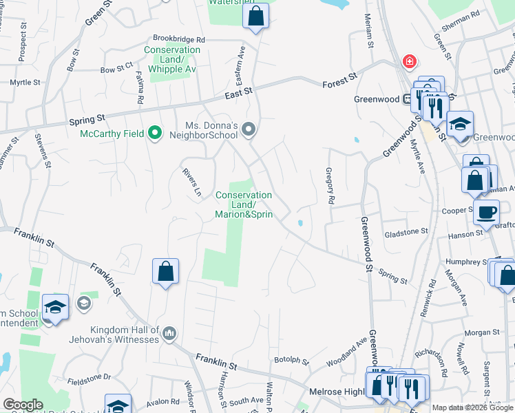 map of restaurants, bars, coffee shops, grocery stores, and more near 2 Marion Street in Stoneham