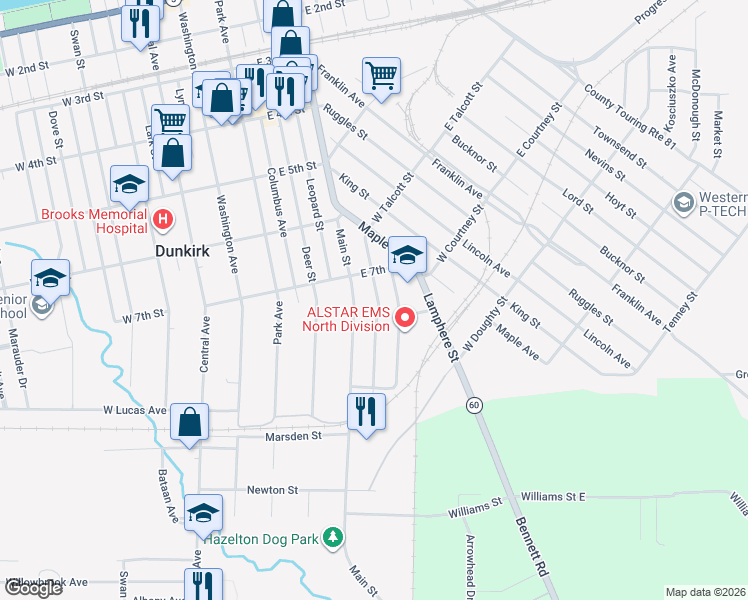 map of restaurants, bars, coffee shops, grocery stores, and more near 715 Grant Avenue in Dunkirk