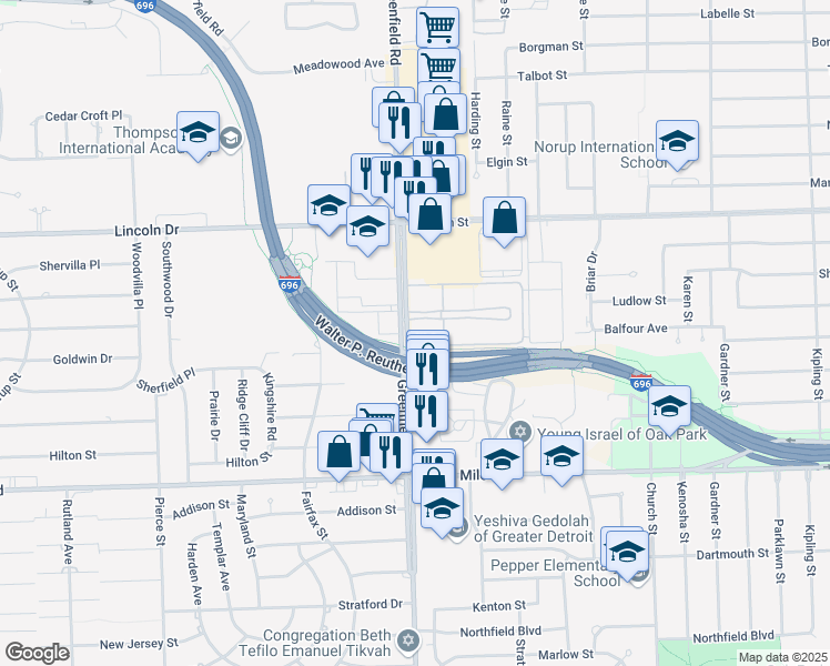 map of restaurants, bars, coffee shops, grocery stores, and more near in Southfield