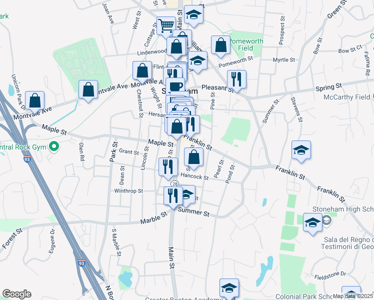 map of restaurants, bars, coffee shops, grocery stores, and more near 422 Main Street in Stoneham