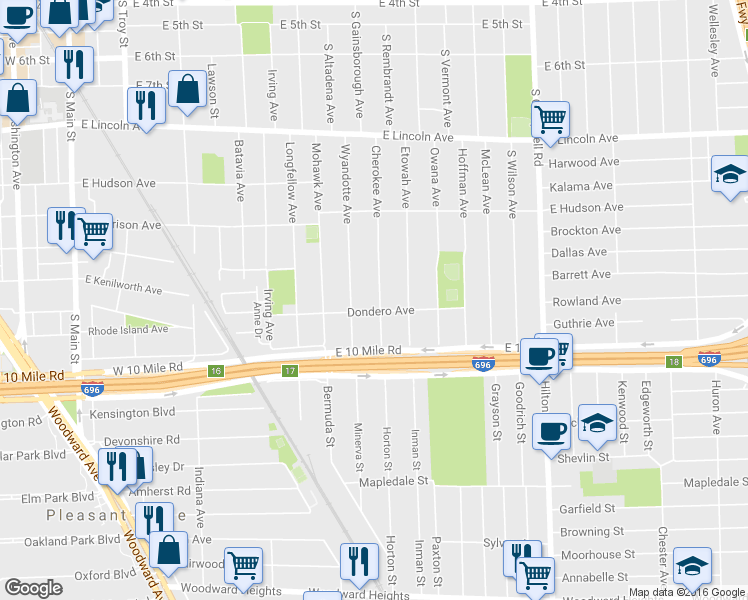 map of restaurants, bars, coffee shops, grocery stores, and more near 1410 Cherokee Avenue in Royal Oak