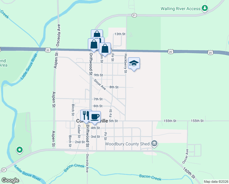 map of restaurants, bars, coffee shops, grocery stores, and more near 600-676 8th Street in Correctionville