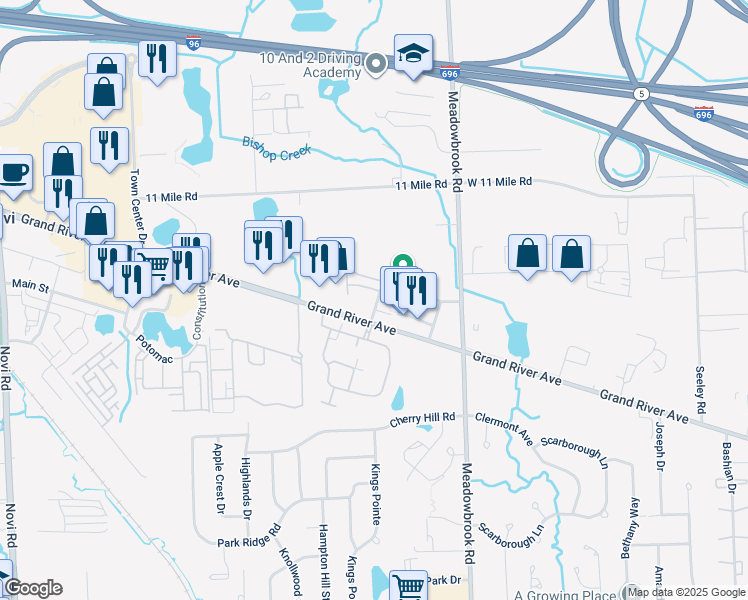 map of restaurants, bars, coffee shops, grocery stores, and more near 41614 Tera Lane in Novi