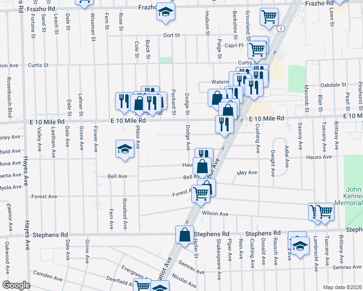 map of restaurants, bars, coffee shops, grocery stores, and more near 16197 Chesterfield Avenue in Eastpointe