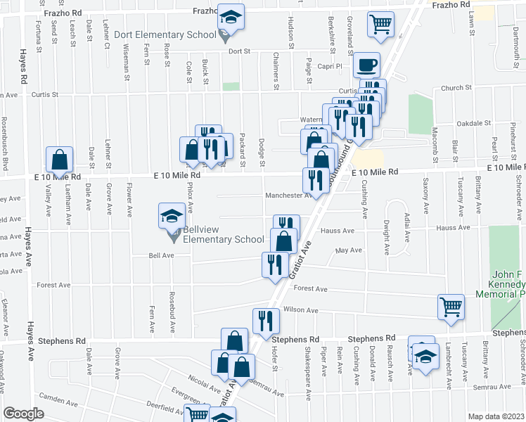 map of restaurants, bars, coffee shops, grocery stores, and more near 16227 Chesterfield Avenue in Eastpointe