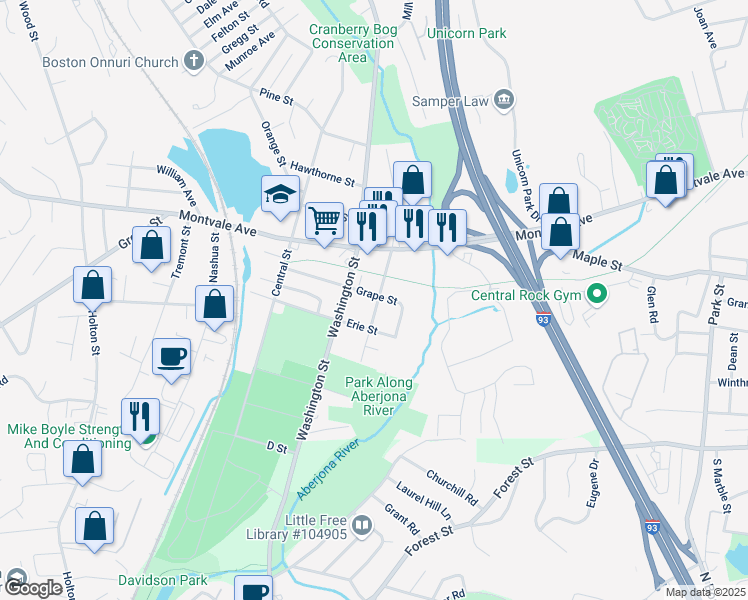 map of restaurants, bars, coffee shops, grocery stores, and more near 24A Grape Street in Woburn