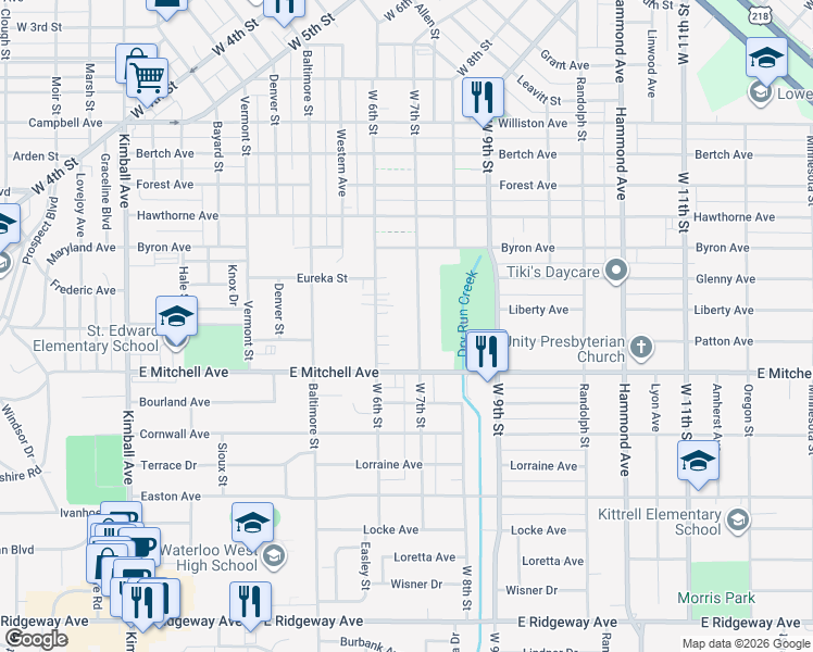 map of restaurants, bars, coffee shops, grocery stores, and more near 1830 West 7th Street in Waterloo