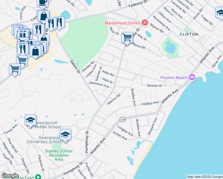 map of restaurants, bars, coffee shops, grocery stores, and more near 998 Humphrey Street in Swampscott