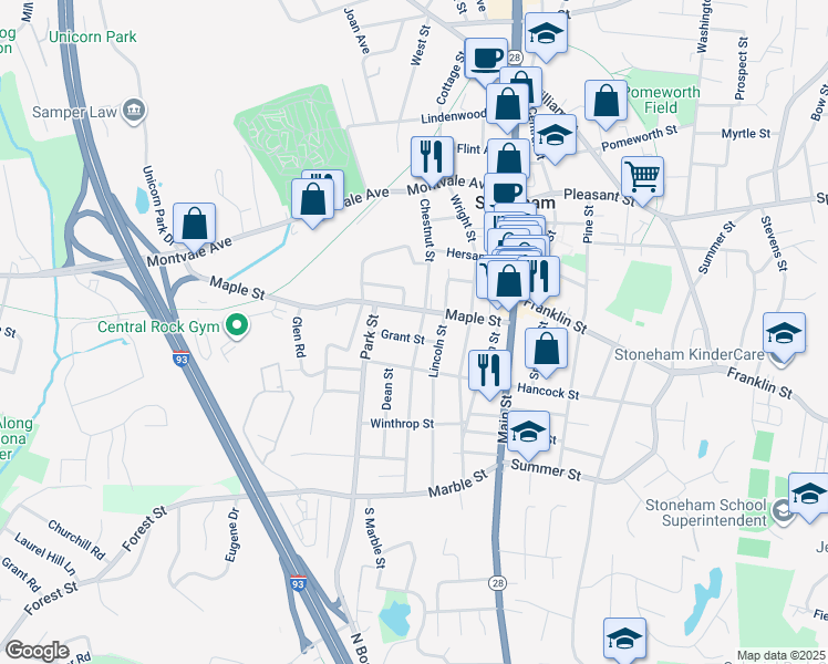 map of restaurants, bars, coffee shops, grocery stores, and more near 36-36A Maple Street in Stoneham