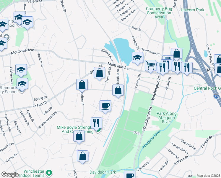 map of restaurants, bars, coffee shops, grocery stores, and more near 20 Tremont Street in Woburn