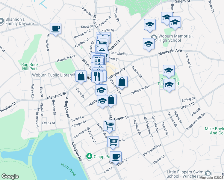 map of restaurants, bars, coffee shops, grocery stores, and more near 11 Prospect Street in Woburn