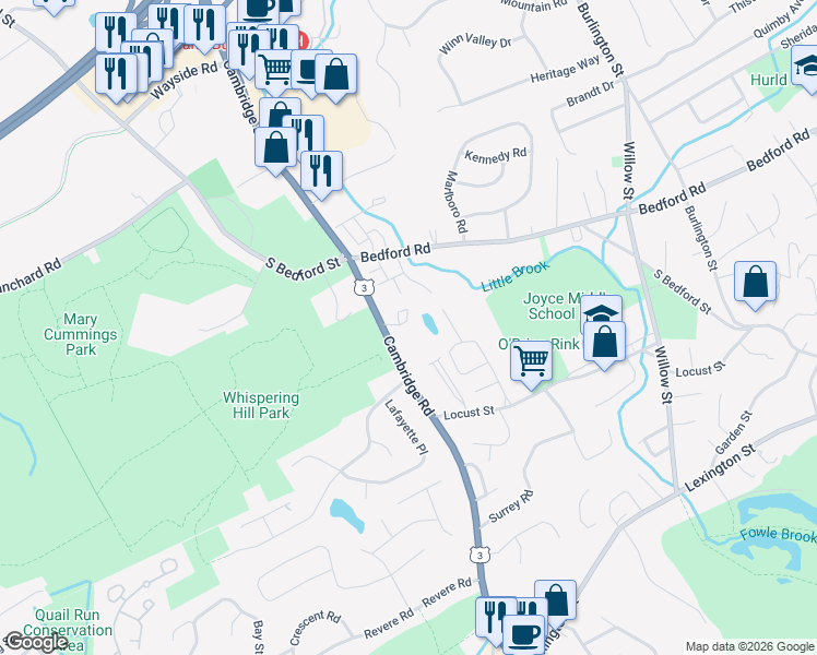 map of restaurants, bars, coffee shops, grocery stores, and more near 200 Bedford Road in Woburn