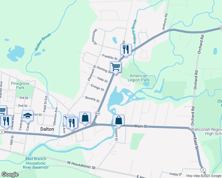 map of restaurants, bars, coffee shops, grocery stores, and more near 180 North St in Dalton