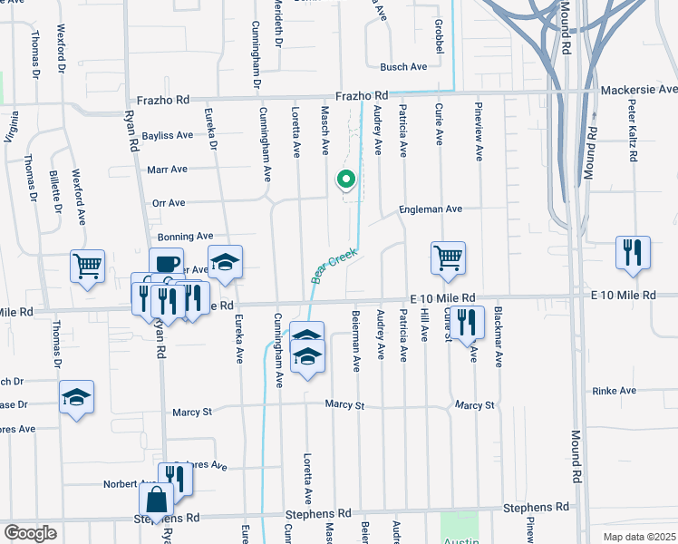 map of restaurants, bars, coffee shops, grocery stores, and more near 25101 Masch Avenue in Warren