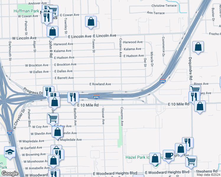 map of restaurants, bars, coffee shops, grocery stores, and more near 881 East Rowland Avenue in Madison Heights