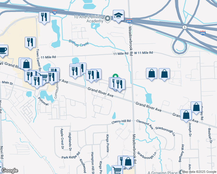 map of restaurants, bars, coffee shops, grocery stores, and more near 25626 Orianna Lane in Novi
