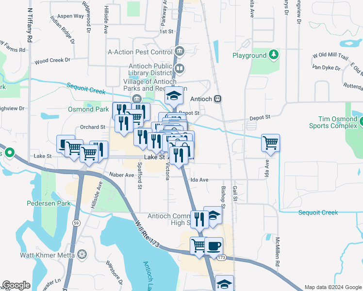 map of restaurants, bars, coffee shops, grocery stores, and more near 954976 Skidmore Drive in Antioch