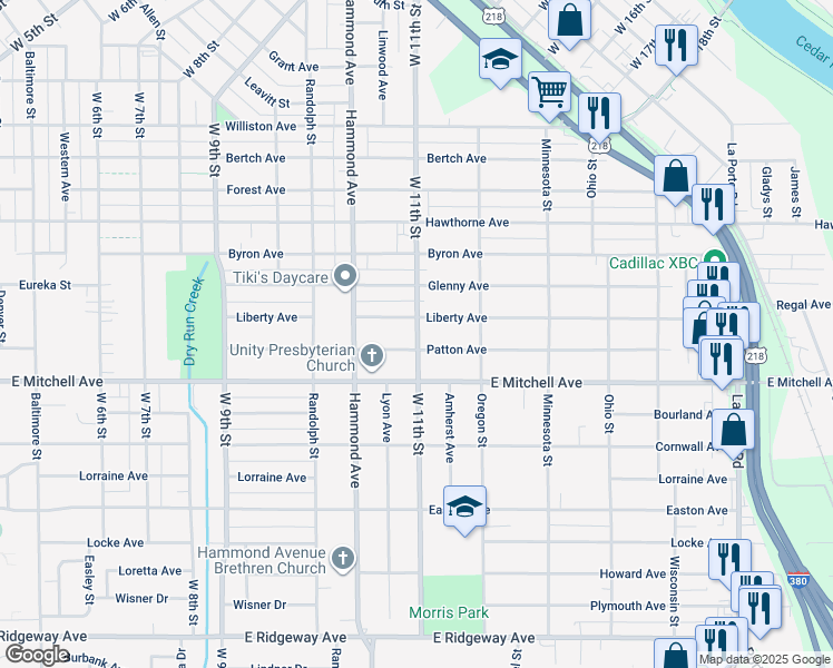 map of restaurants, bars, coffee shops, grocery stores, and more near 1455 Liberty Avenue in Waterloo