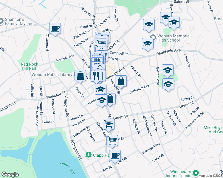 map of restaurants, bars, coffee shops, grocery stores, and more near 11 Prospect Street in Woburn