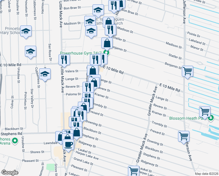 map of restaurants, bars, coffee shops, grocery stores, and more near 21622 Lange Street in St. Clair Shores