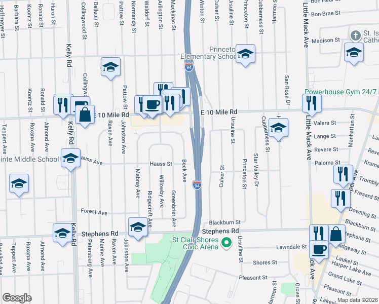 map of restaurants, bars, coffee shops, grocery stores, and more near 24844 Beck Avenue in Eastpointe