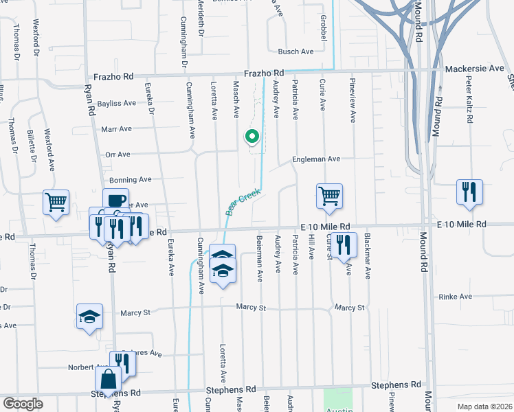 map of restaurants, bars, coffee shops, grocery stores, and more near 25101 Masch Avenue in Warren