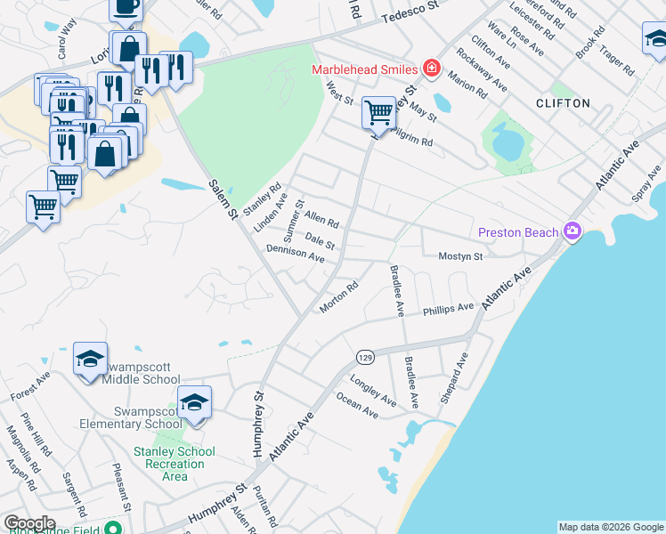 map of restaurants, bars, coffee shops, grocery stores, and more near 998 Humphrey Street in Swampscott