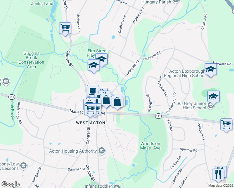 map of restaurants, bars, coffee shops, grocery stores, and more near 3 West Road in Acton