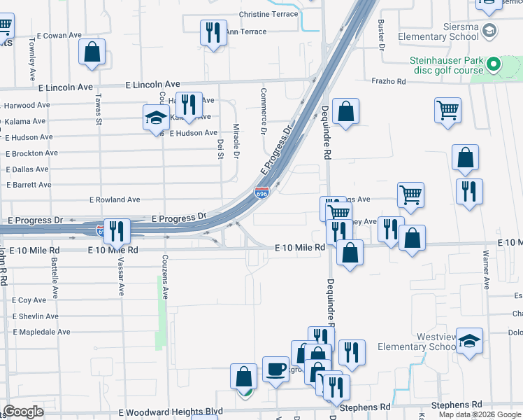 map of restaurants, bars, coffee shops, grocery stores, and more near 25181 Dequindre Road in Madison Heights