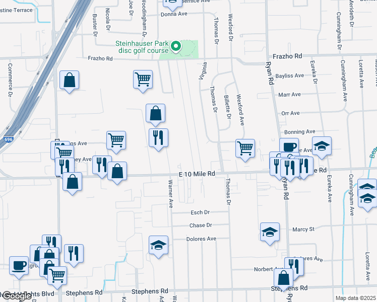 map of restaurants, bars, coffee shops, grocery stores, and more near 25155 Nuway Avenue in Warren