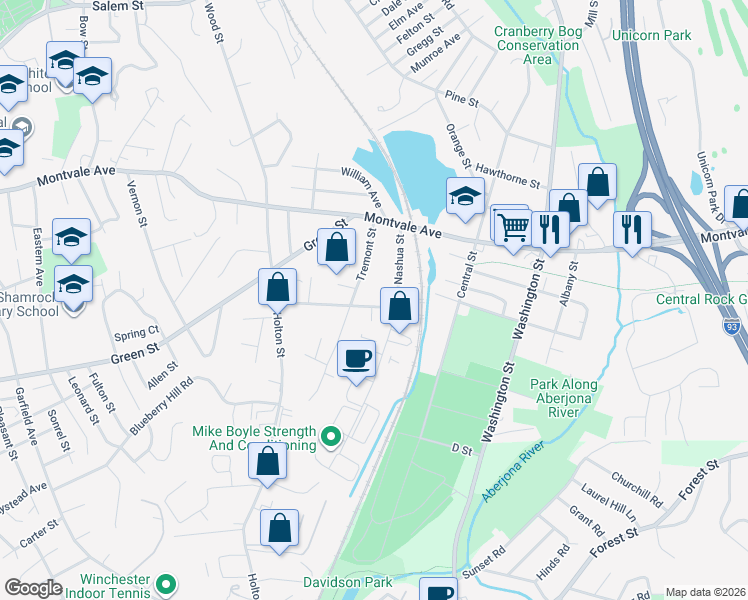 map of restaurants, bars, coffee shops, grocery stores, and more near 20 Tremont Street in Woburn