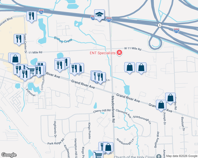 map of restaurants, bars, coffee shops, grocery stores, and more near 25626 Orianna Lane in Novi