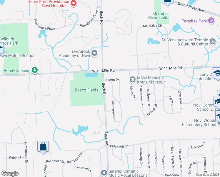 map of restaurants, bars, coffee shops, grocery stores, and more near 25901 Strath Haven Drive in Novi