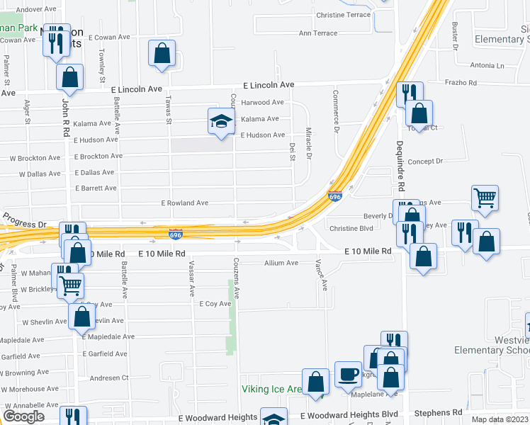 map of restaurants, bars, coffee shops, grocery stores, and more near 1189 East Guthrie Avenue in Madison Heights