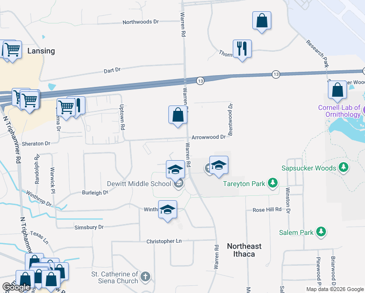 map of restaurants, bars, coffee shops, grocery stores, and more near 1 Warrenwood Apartment in Ithaca
