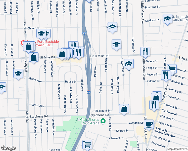 map of restaurants, bars, coffee shops, grocery stores, and more near 24821 Wood Street in St. Clair Shores