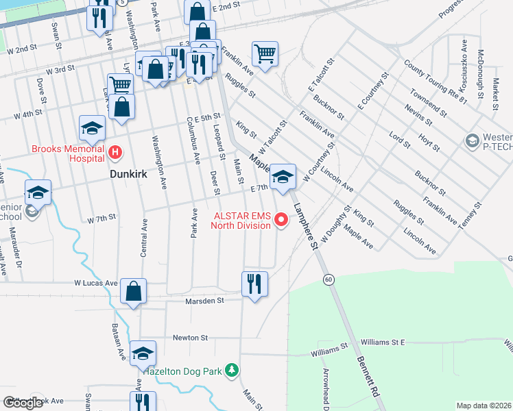 map of restaurants, bars, coffee shops, grocery stores, and more near 721 Grant Avenue in Dunkirk