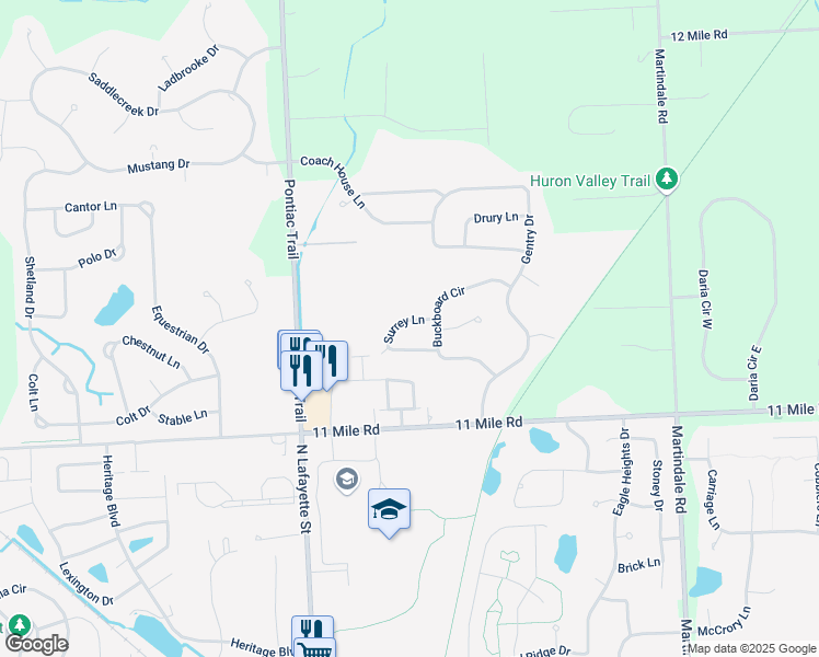 map of restaurants, bars, coffee shops, grocery stores, and more near 1155 Surrey Lane in South Lyon