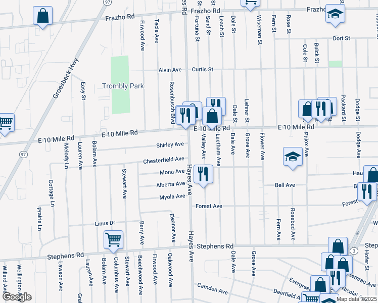 map of restaurants, bars, coffee shops, grocery stores, and more near 24916 Hayes Avenue in Eastpointe