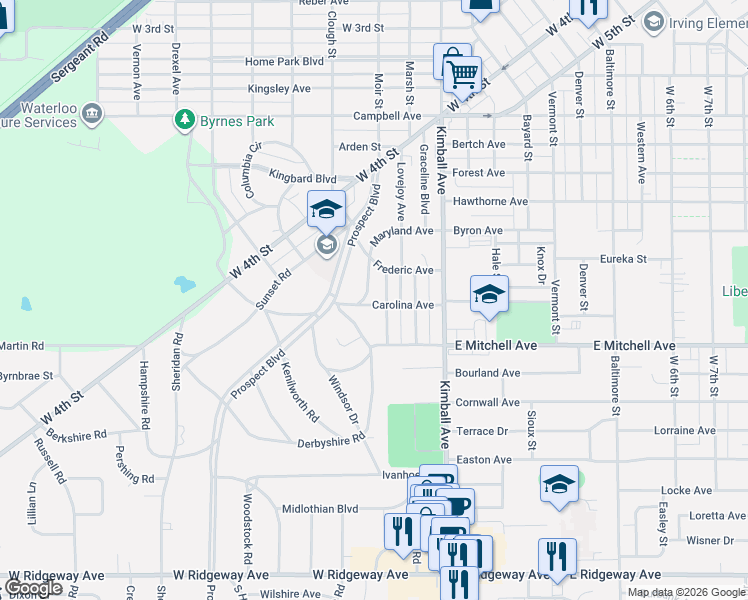 map of restaurants, bars, coffee shops, grocery stores, and more near 115 Hillside Avenue in Waterloo