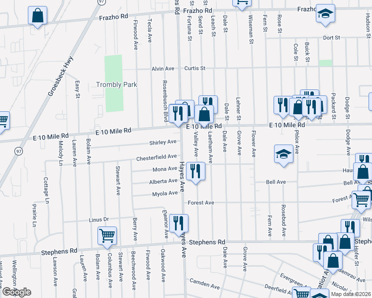 map of restaurants, bars, coffee shops, grocery stores, and more near 24916 Hayes Avenue in Eastpointe