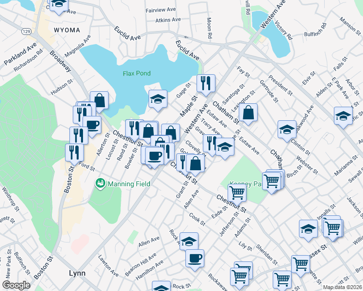 map of restaurants, bars, coffee shops, grocery stores, and more near 10 Clovelly Street in Lynn